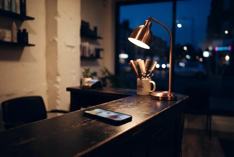 Comptoir de salon à la fermeture, téléphone allumé (image d’ambiance)